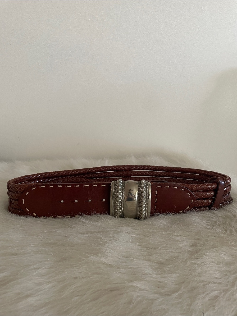 Vintage Limited Brown Braided Leather Belt with Silver Tone Buckle